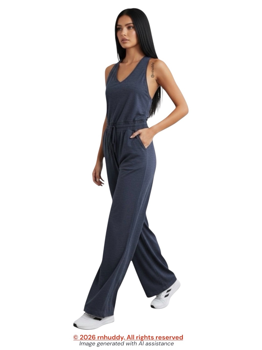 FLX L heathered blue wide leg wander cinch waist jumpsuit